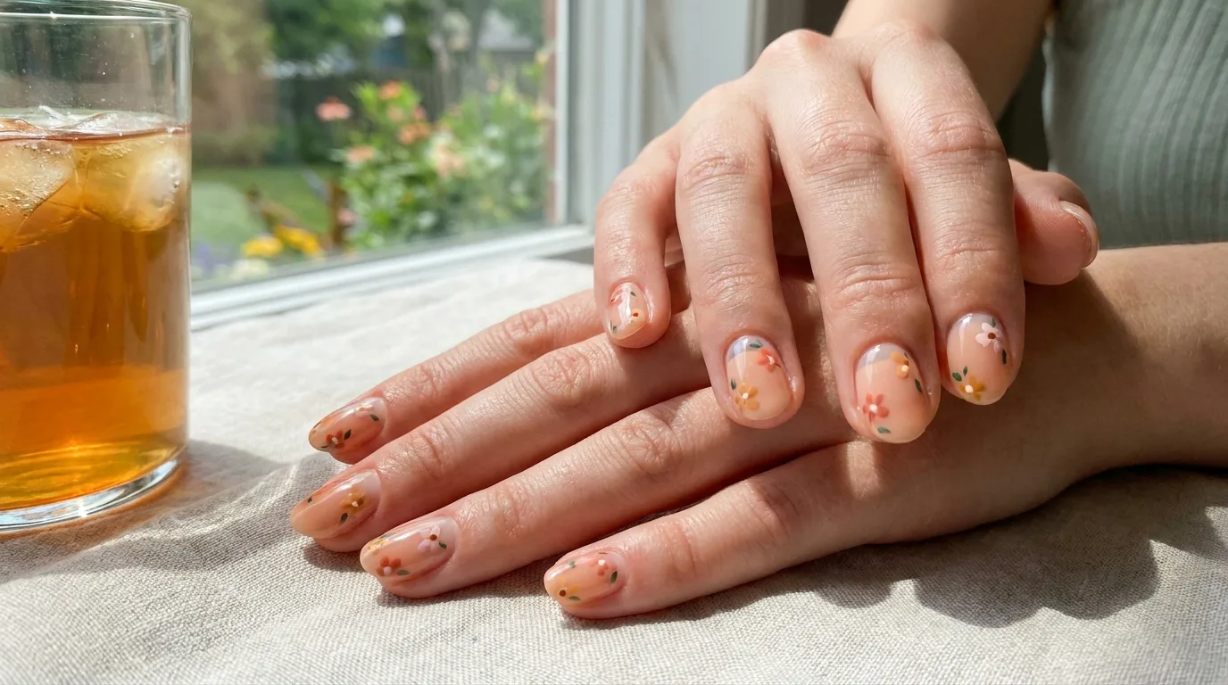 Minimalist single-flower nails with a sheer nude base