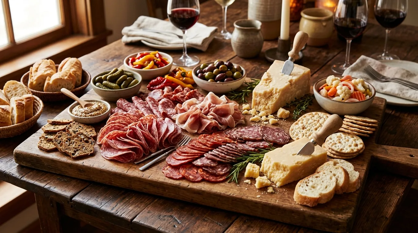Elegant wine-night charcuterie board with gourmet cheeses, meats, fruit, nuts, and honey