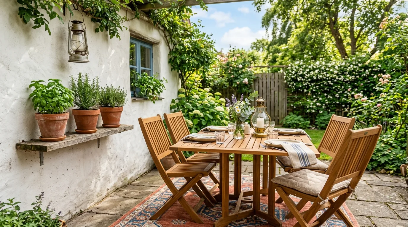 Small backyard patio with warm string lights, compact furniture, lanterns, and plants at night