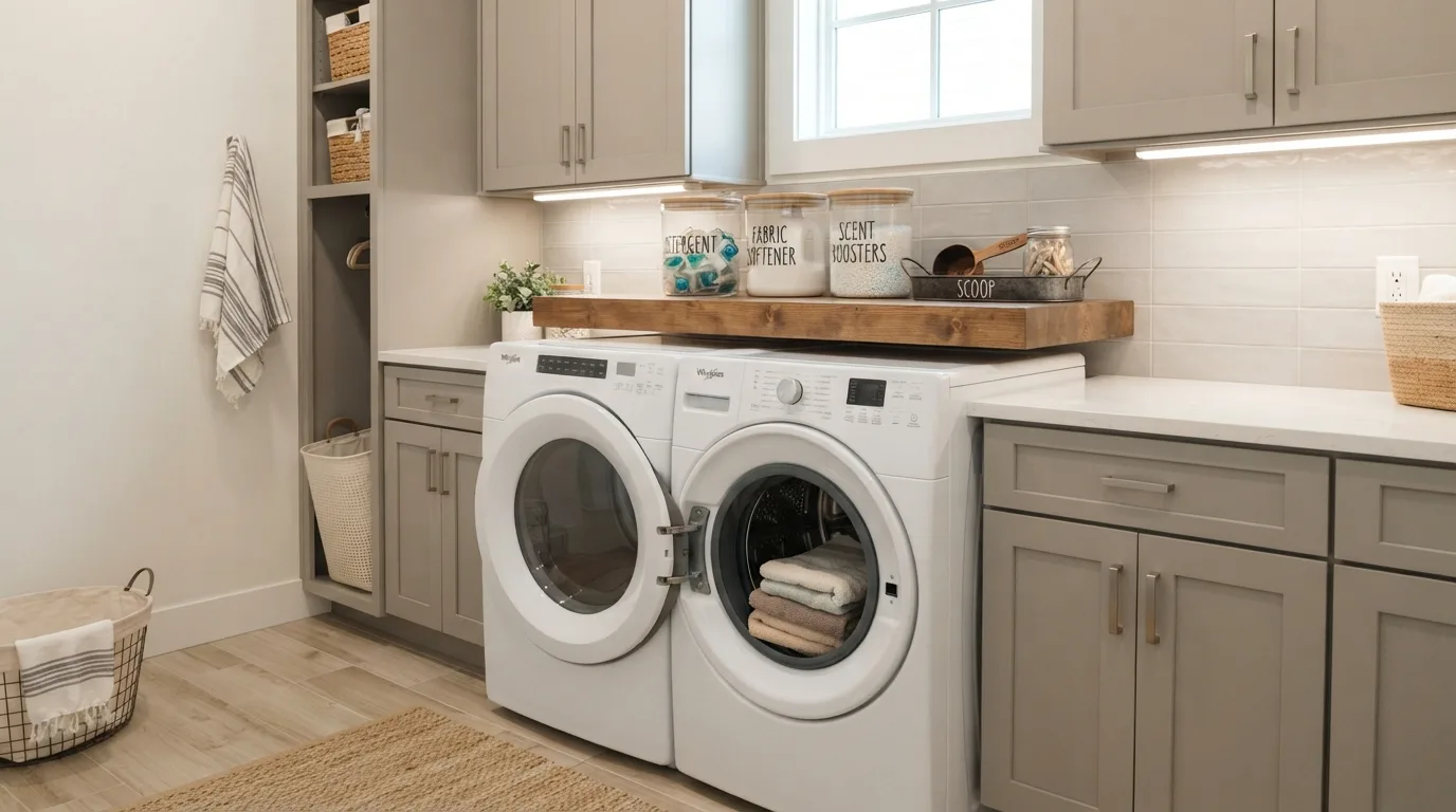 Organized detergent storage station beside washing machine