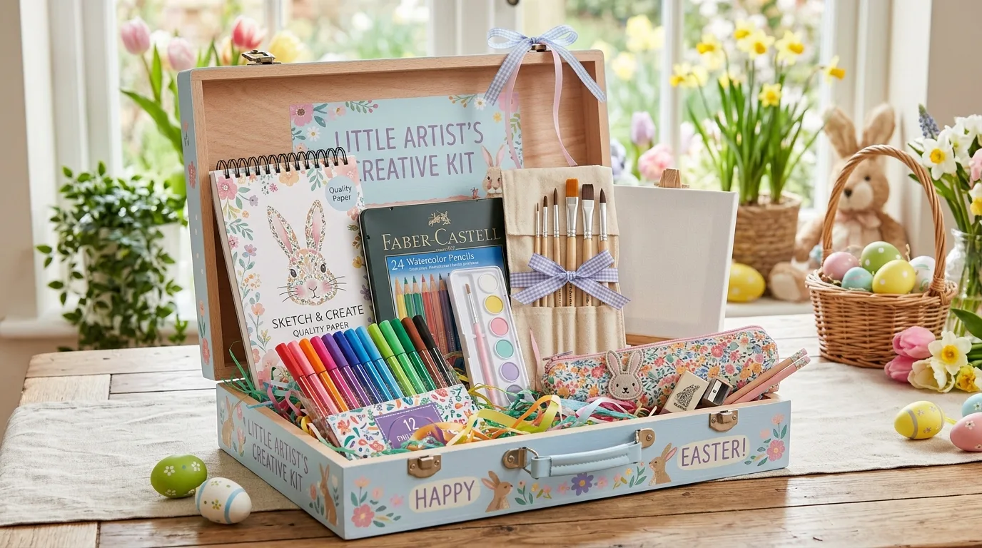 Kids gardening Easter basket with tools, seeds, gloves and flower pots