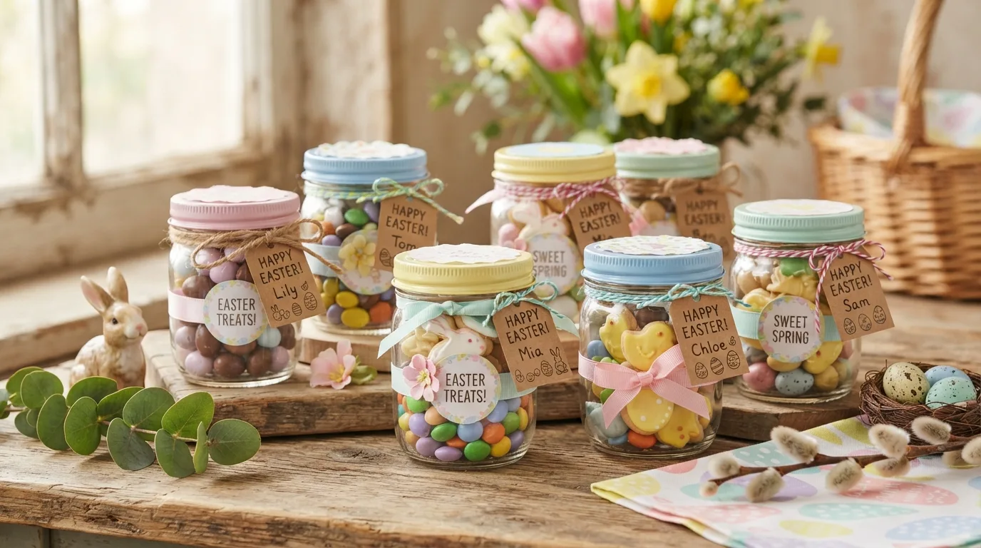 Sparkling glitter Easter egg Mason jar decoration with soft lights
