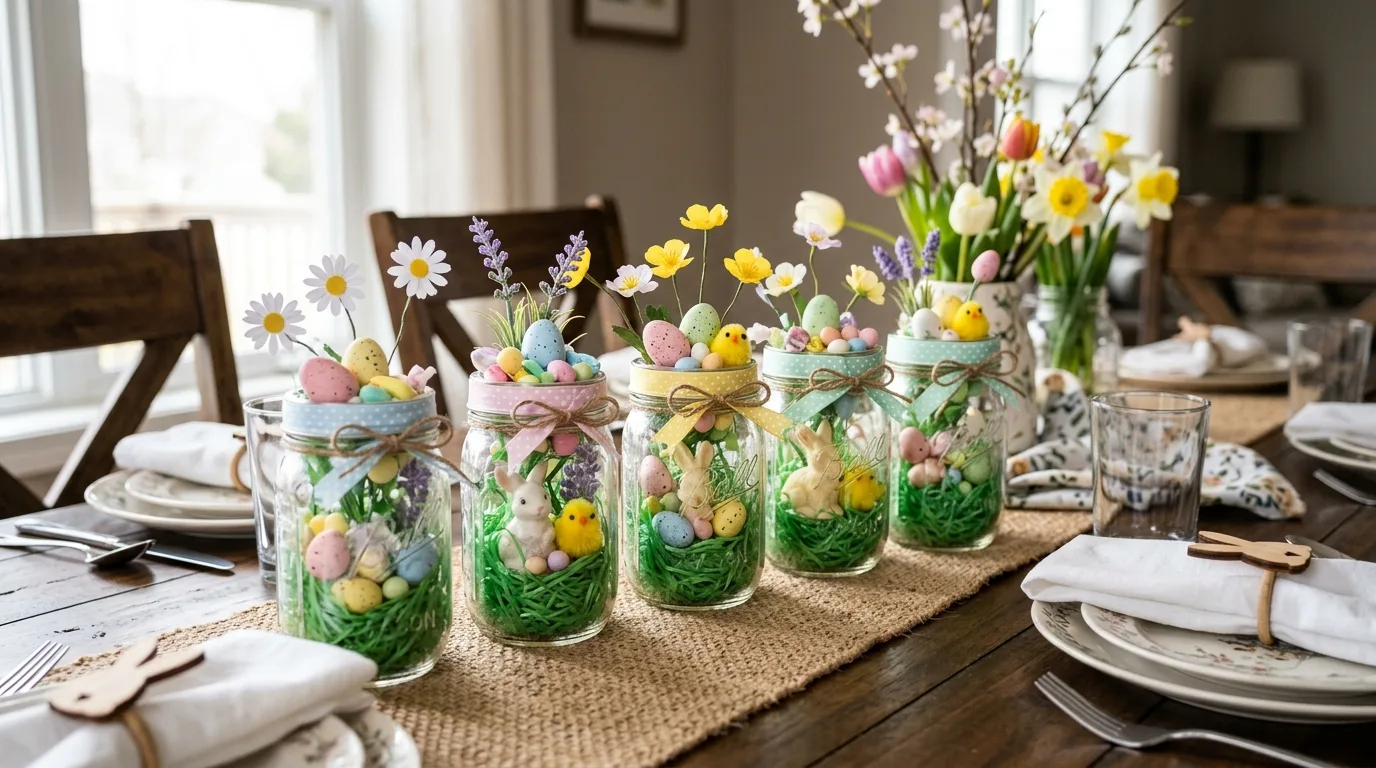 Easter mason jar centerpiece with faux grass, pastel eggs, miniature bunny, chick, and flowers.
