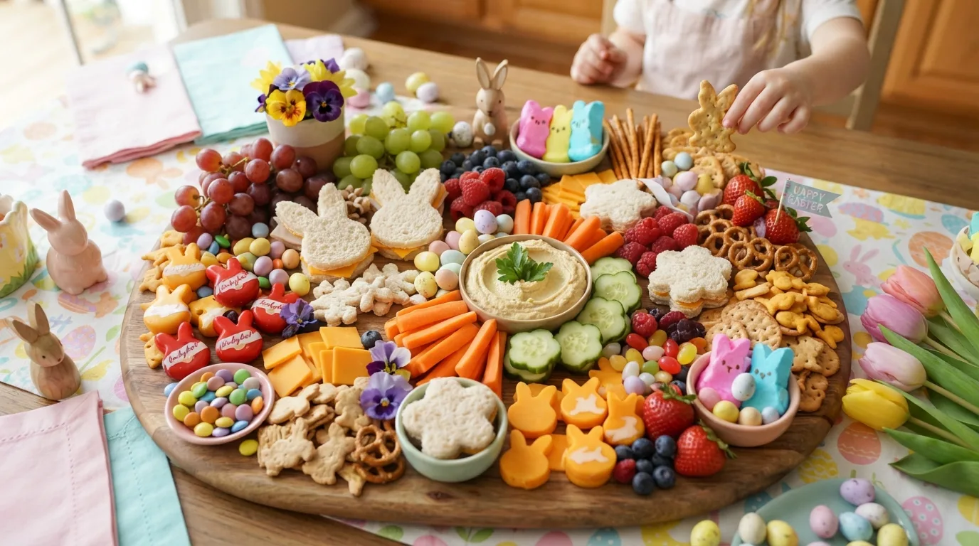 Healthy Easter charcuterie board with colorful fruit, vegetables and dips