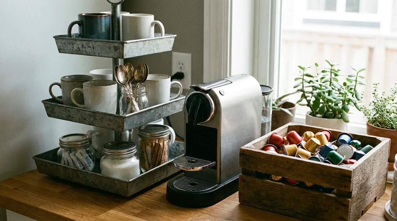 Tiered tray organized as a combined coffee and tea station for a small kitchen