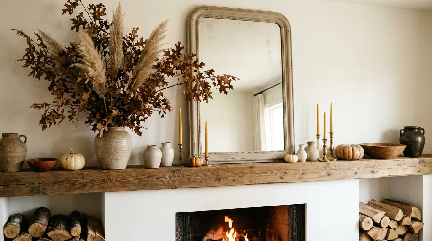 Cozy fall bedroom with layered neutral bedding, knit blanket, and warm lighting