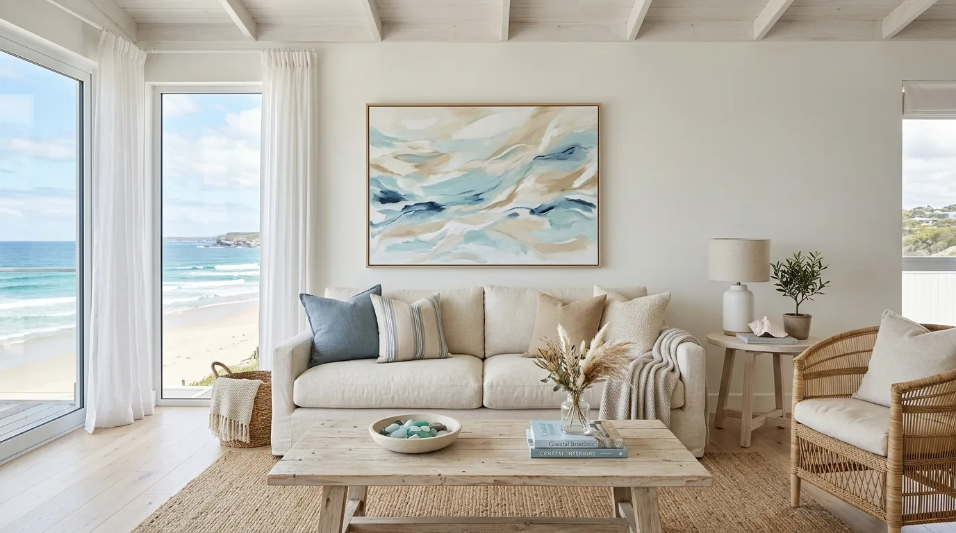 Light-filled coastal living room with a cozy window seating area