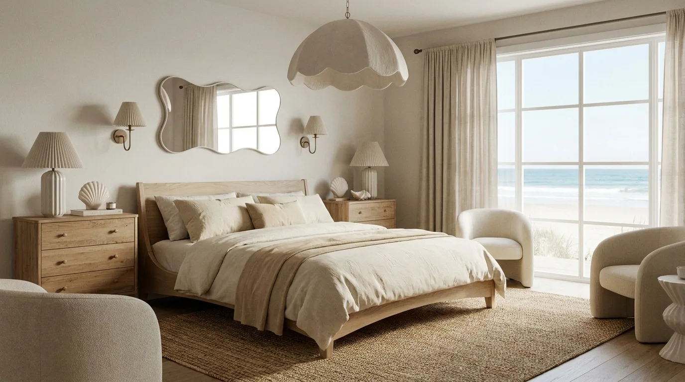Coastal bedroom featuring a woven rattan headboard and white linen bedding