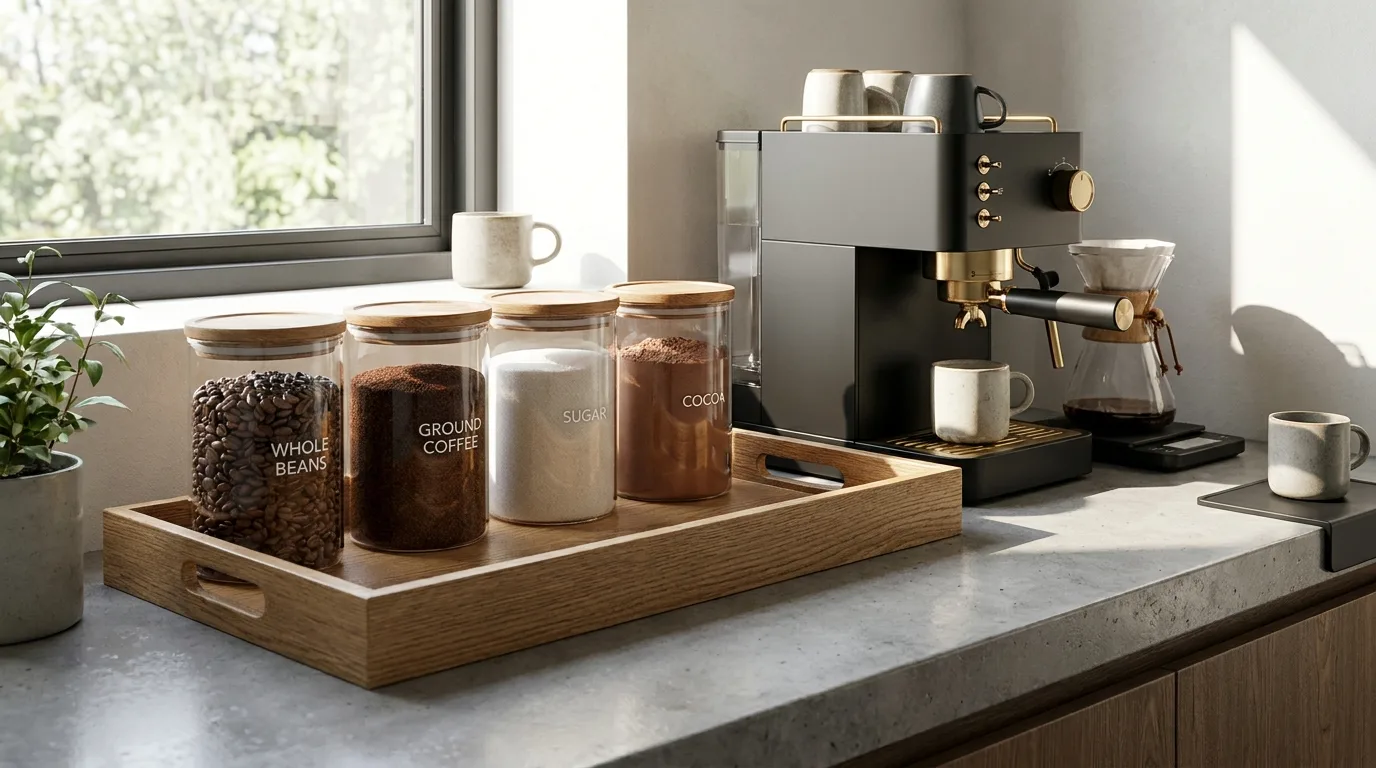 Compact coffee station designed for a narrow kitchen counter with slim storage