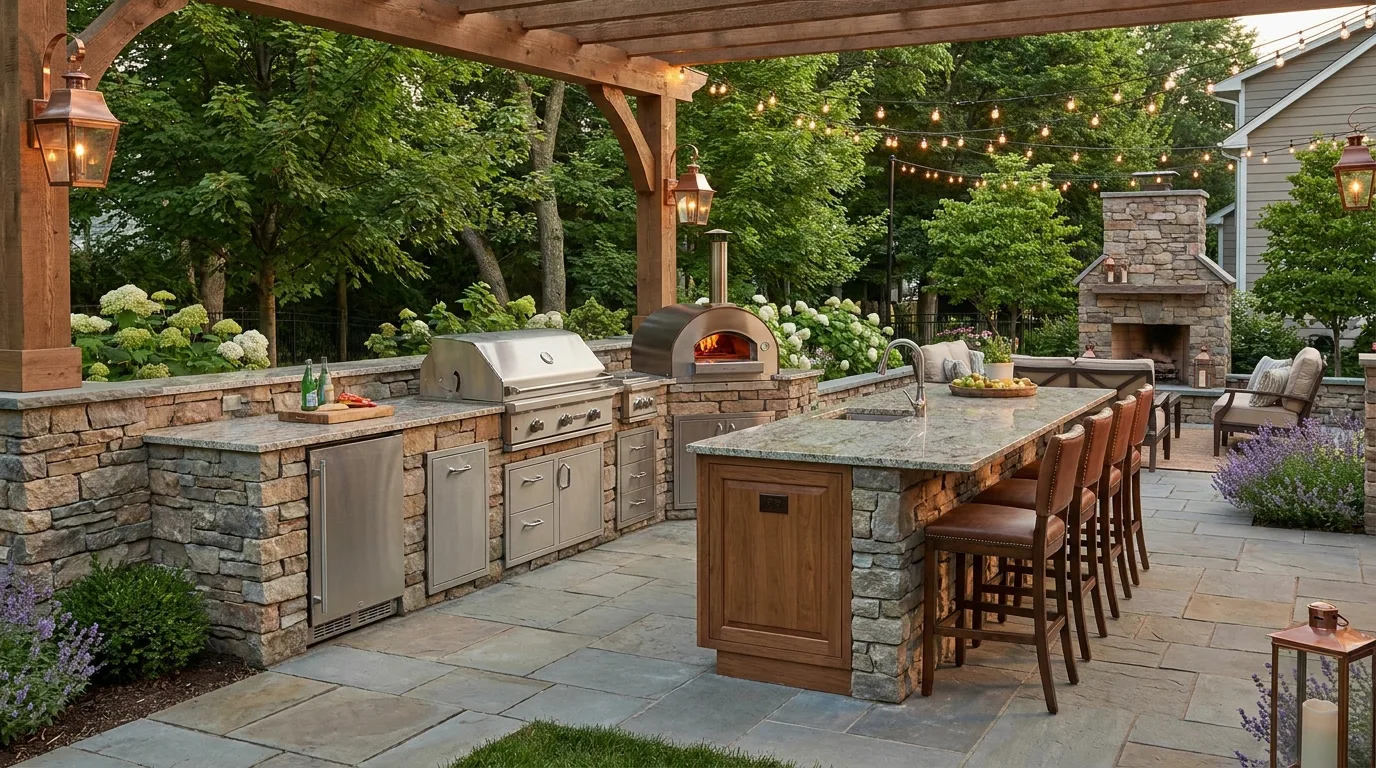 Outdoor kitchen connected to a backyard dining area for entertaining