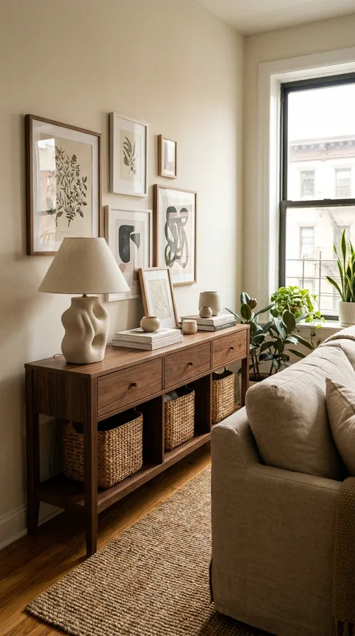 Oversized wall art above a cozy apartment sofa
