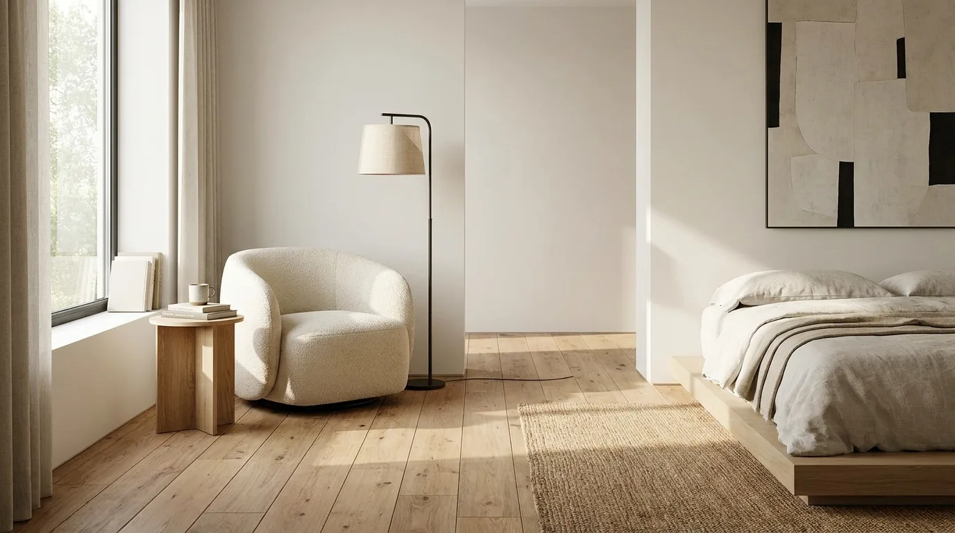 Minimalist bedroom with a sculptural pendant light and soft layered lighting