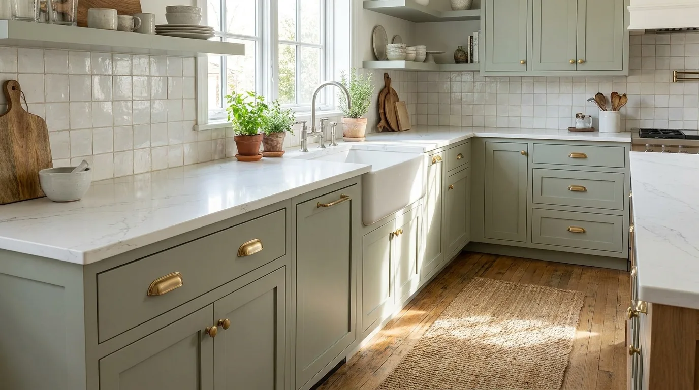 Modern sage green kitchen with matte black accents and clean lines