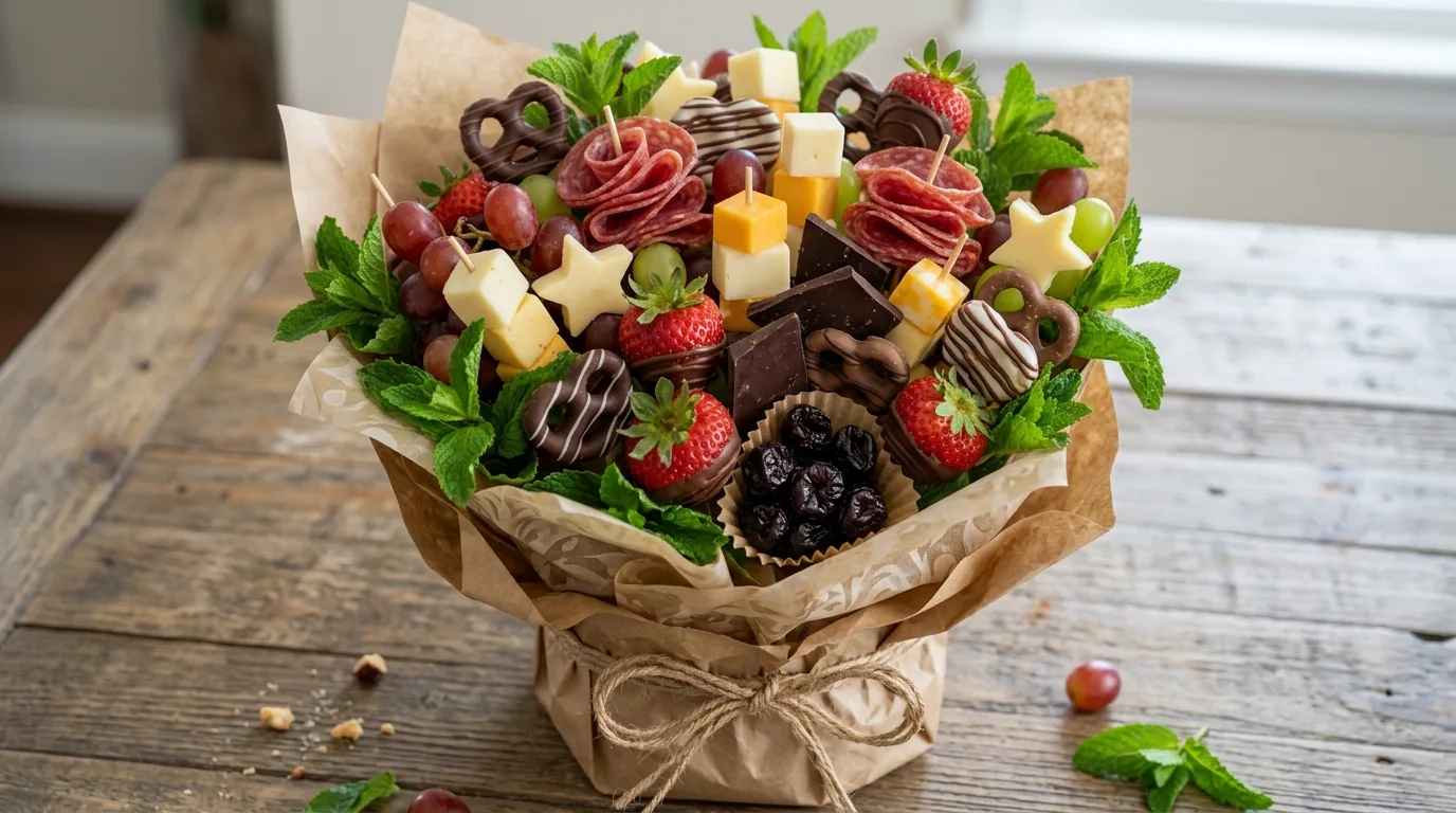 Elegant brie and grape charcuterie bouquet with prosciutto
