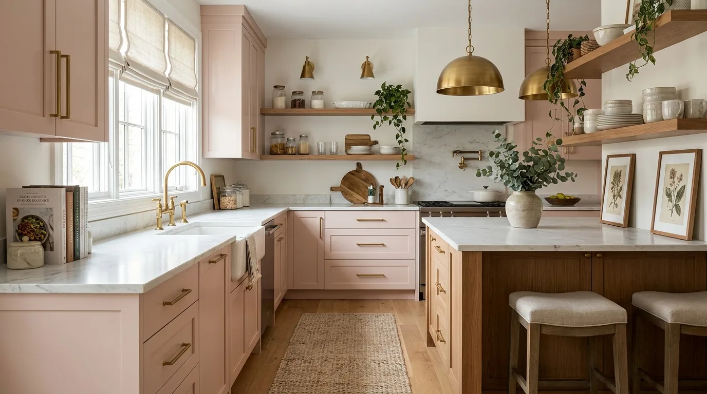 Moody dusty pink kitchen with dark countertops and black accents