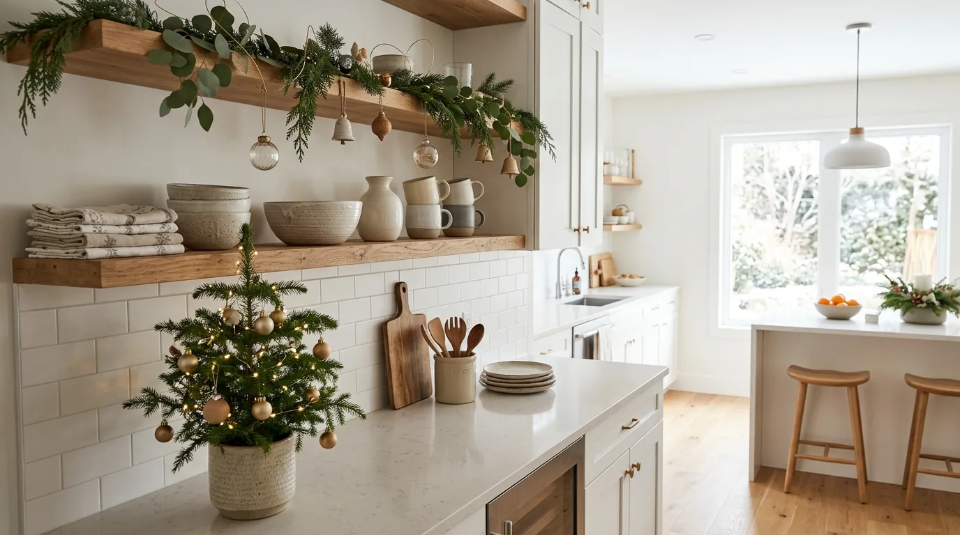 Modern Christmas kitchen with subtle greenery, a small tree, ceramics, and neutral seasonal accents