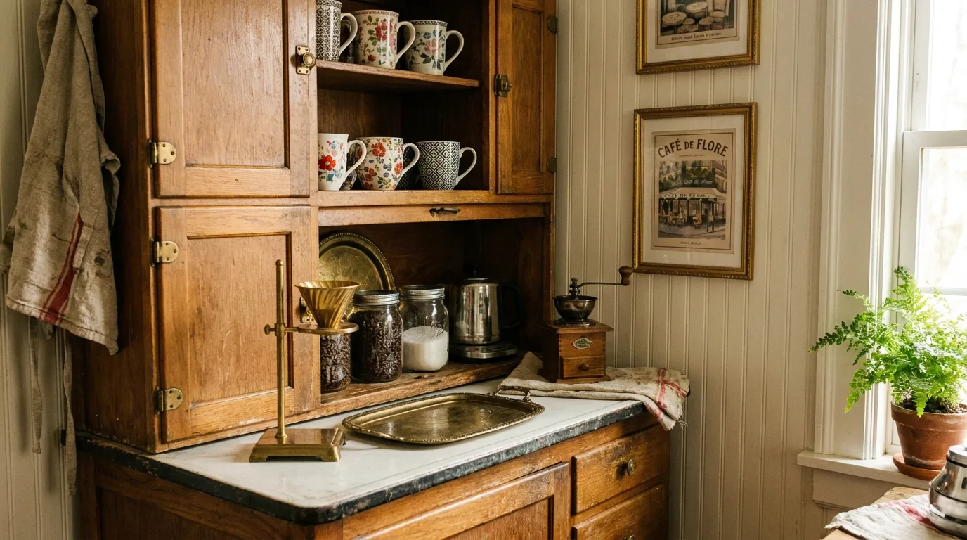 Vintage-inspired coffee corner with brass accents, patterned mugs, and classic café décor