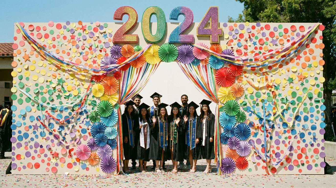 Travel-themed graduation photo backdrop with world map