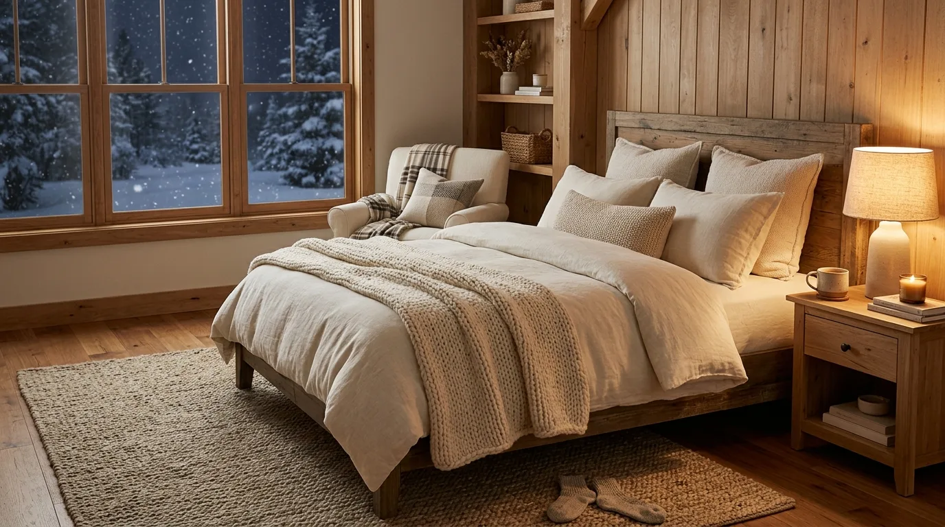 Cozy winter bedroom with layered bedding and warm neutral textures