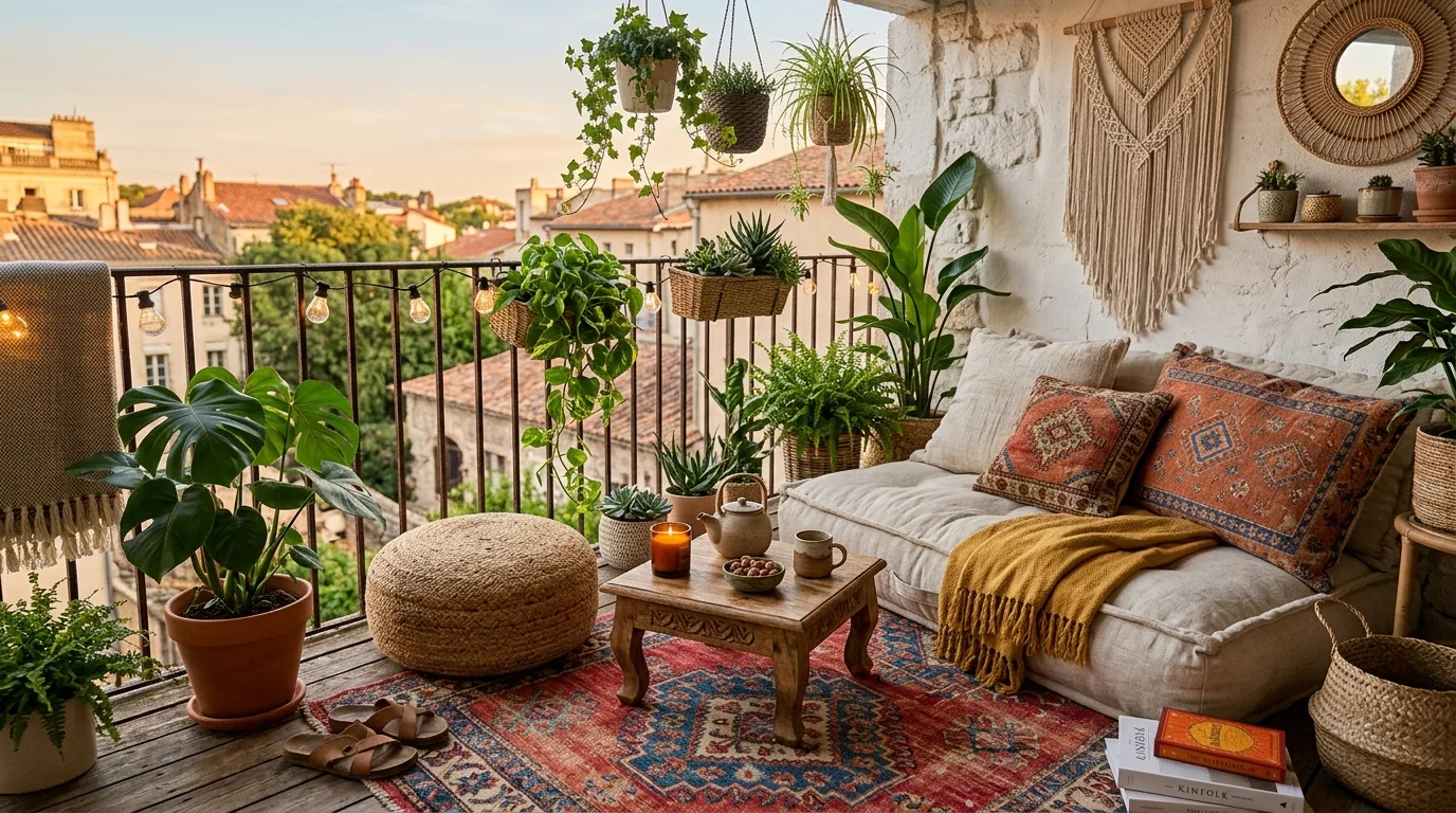 Earthy boho balcony with layered outdoor cushions and textiles