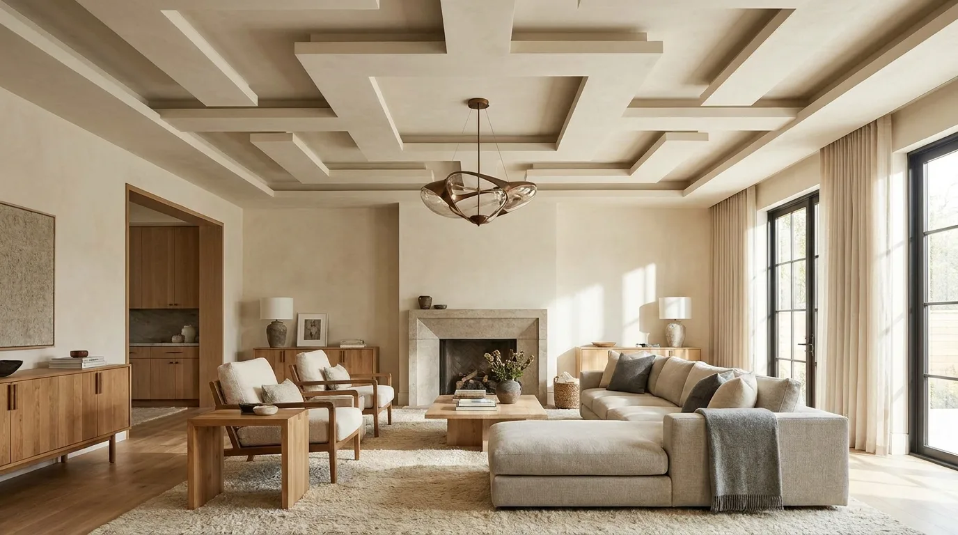 Living room with a simple rectangular POP wall panel behind the sofa
