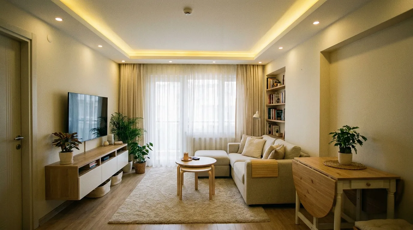 Elegant living room with a white coffered false ceiling and recessed lighting