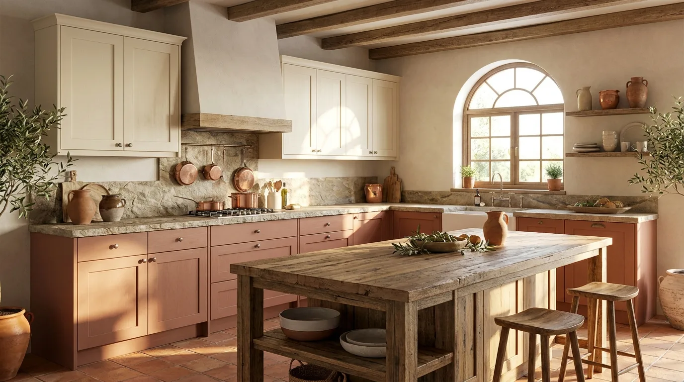 Dusty blue and warm white kitchen cabinets