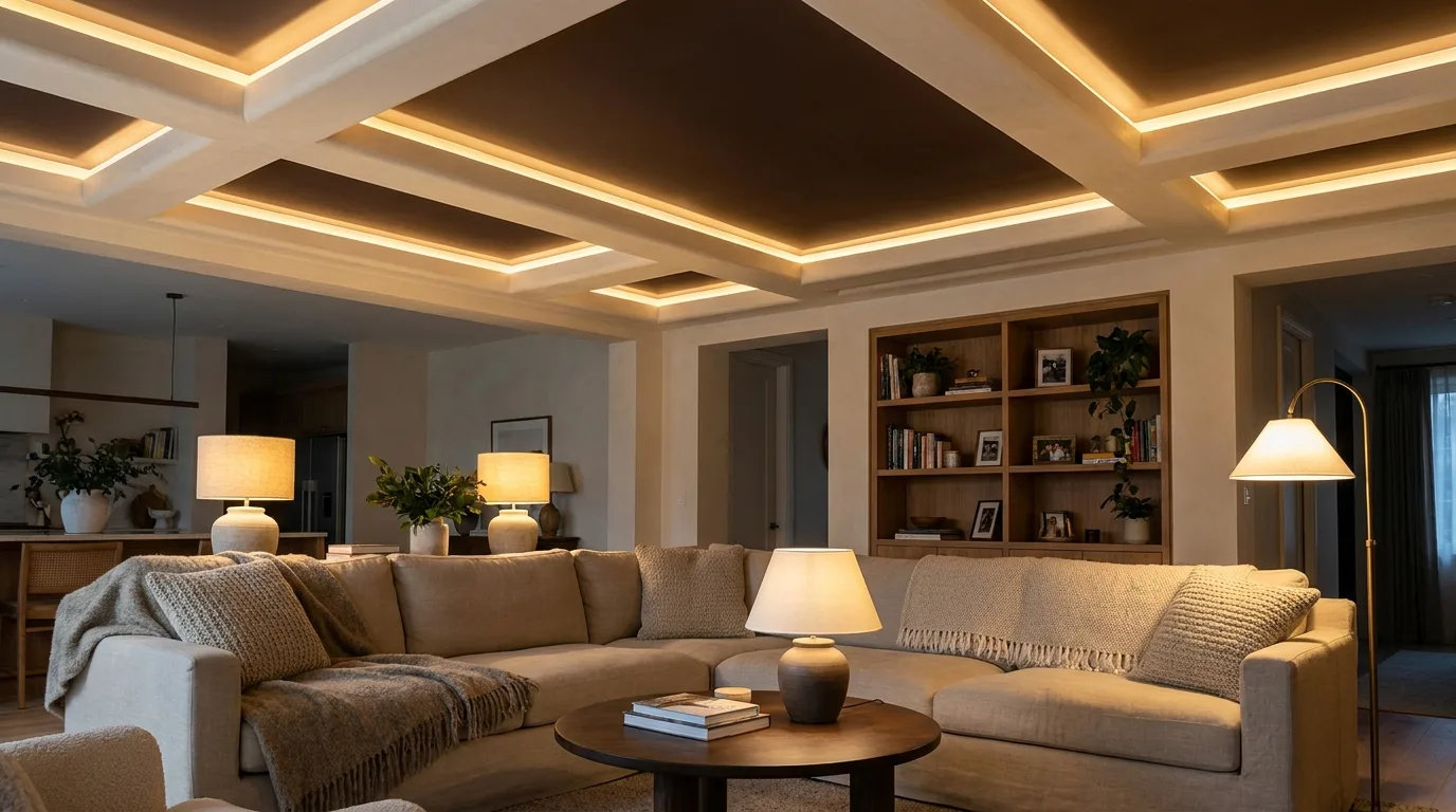 Terracotta and off-white POP ceiling over a dining room