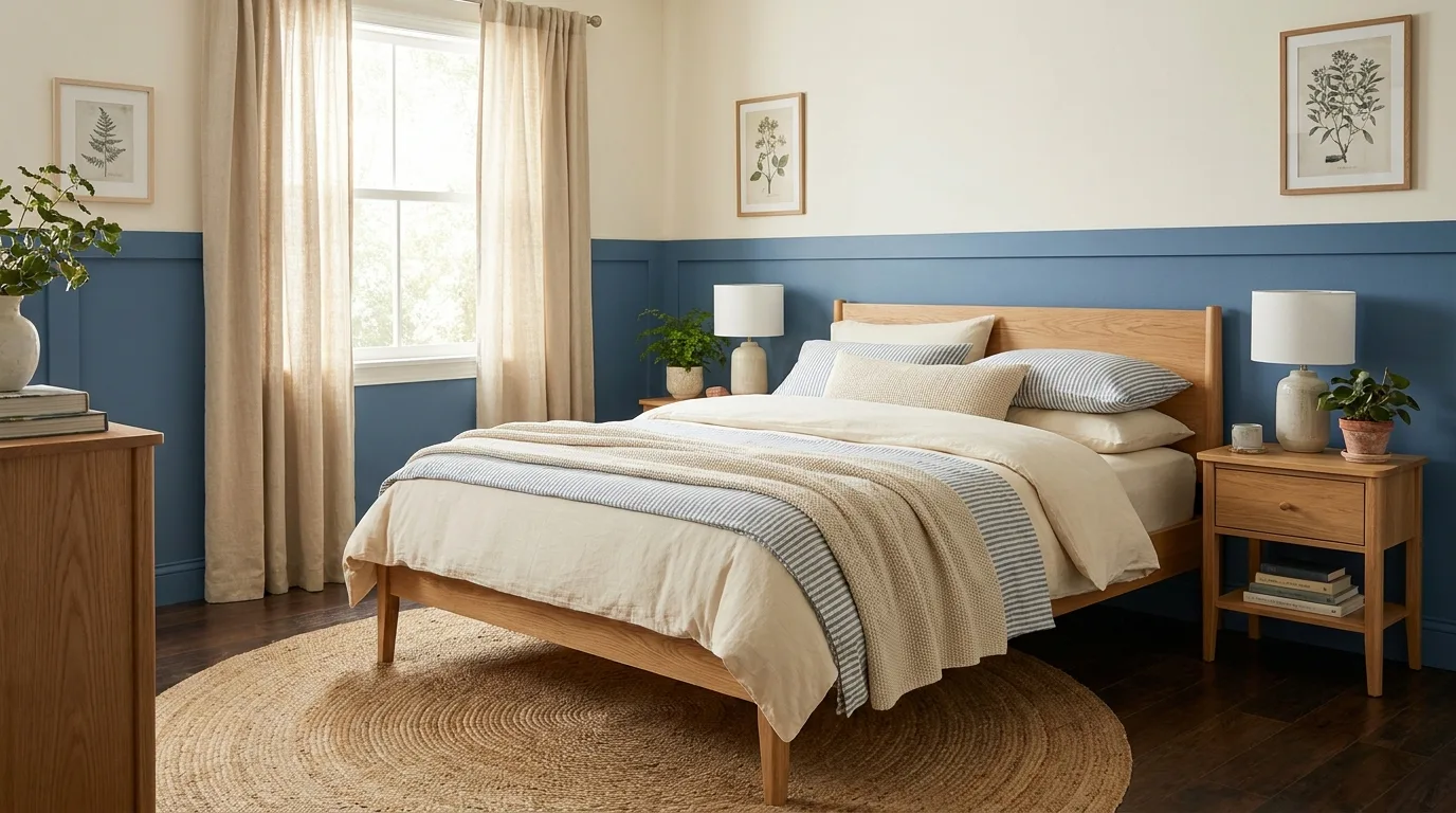 Modern bedroom with blue-gray and white walls, pale wood furniture, and cream textiles.