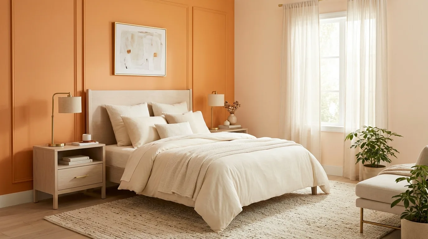 Soft orange and peach bedroom with a gentle tonal wall palette