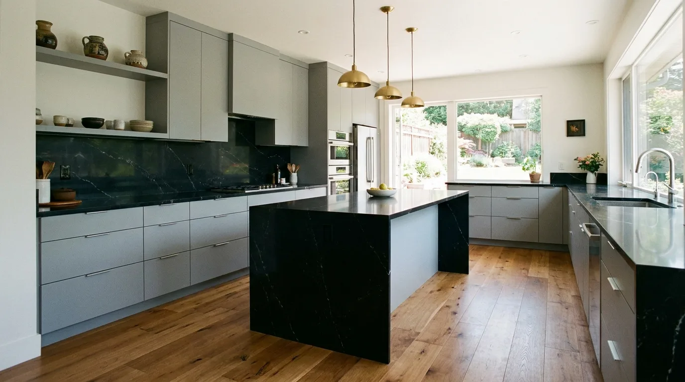 Sophisticated monochromatic black kitchen with quartz countertops