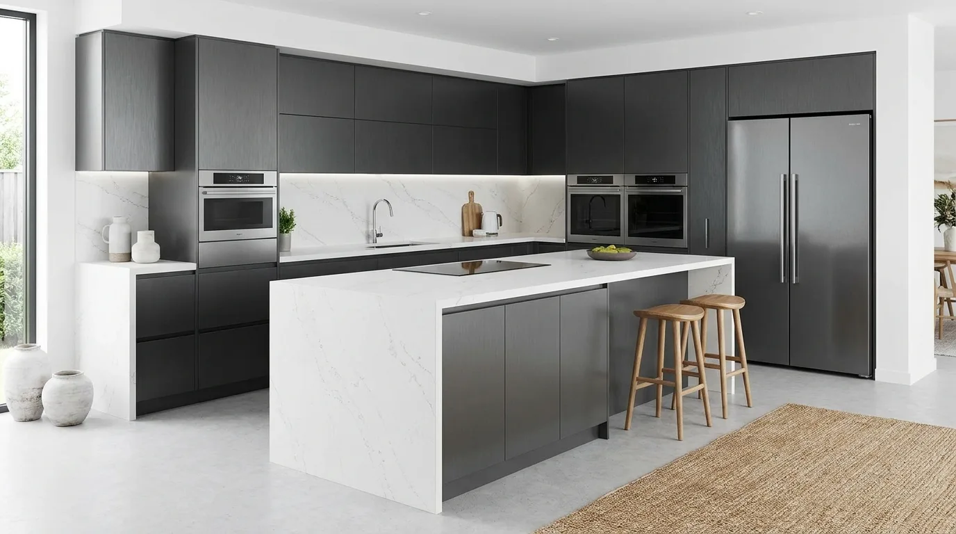 Modern kitchen with bold matte black aluminium cabinets