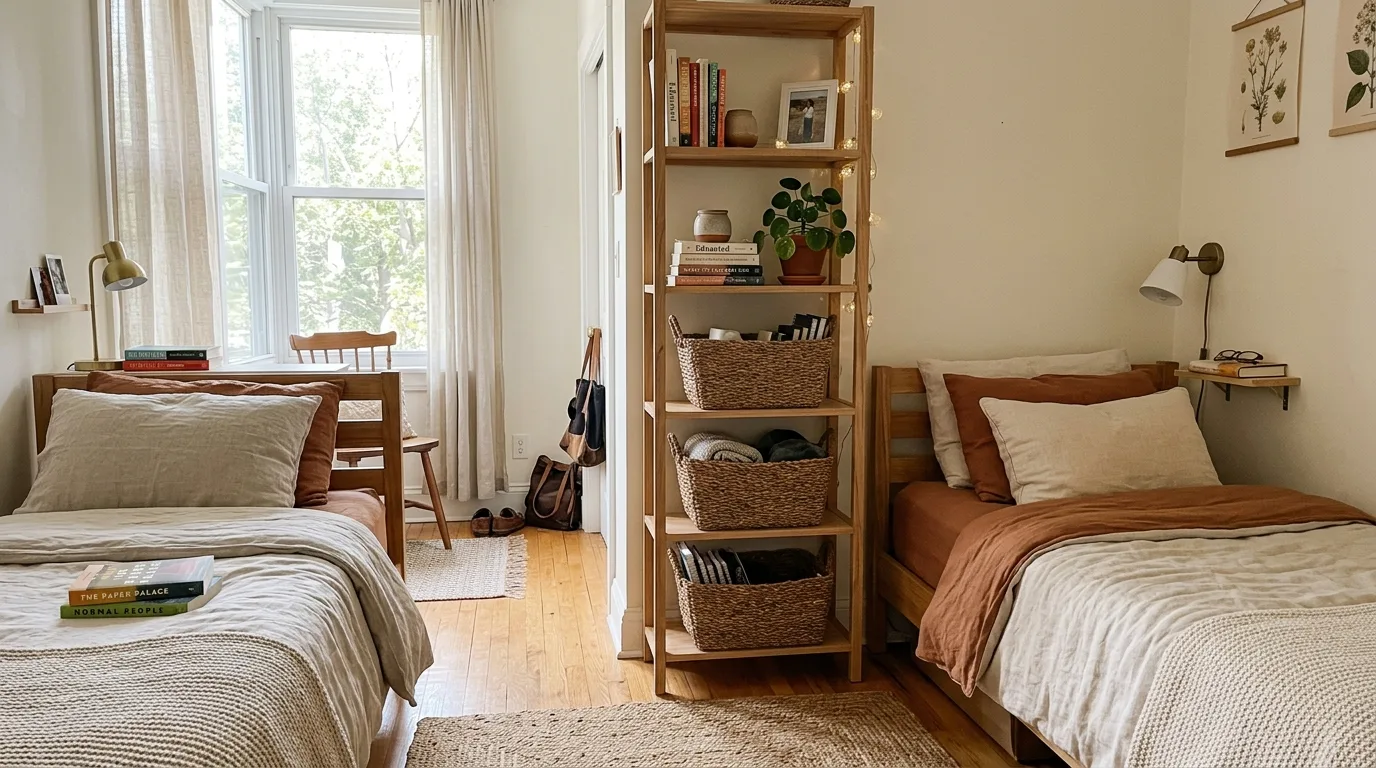 Two twin beds styled together against a cohesive accent wall