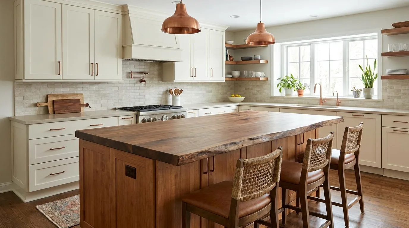 Inviting kitchen with a warm wood-look island countertop