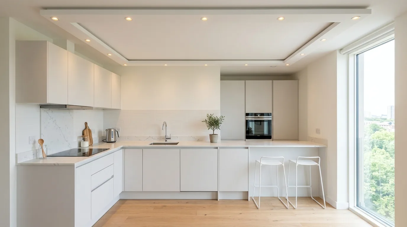 Kitchen island framed by a dedicated false ceiling feature