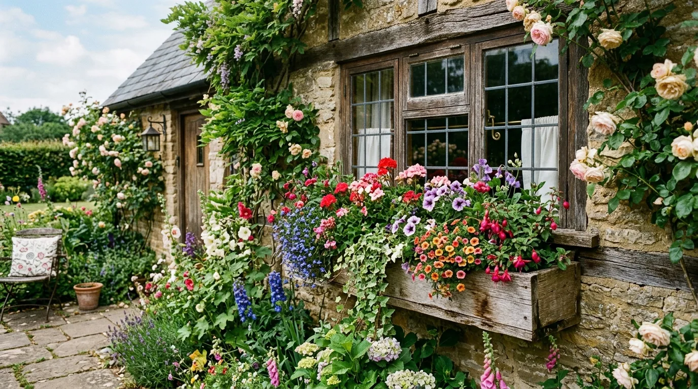 White flowers and greenery in a rustic farmhouse window box
