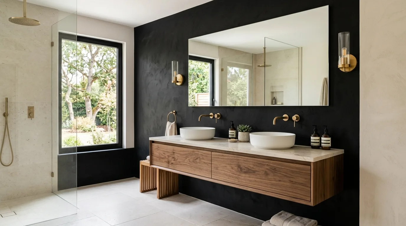 Modern kitchen featuring a black accent wall