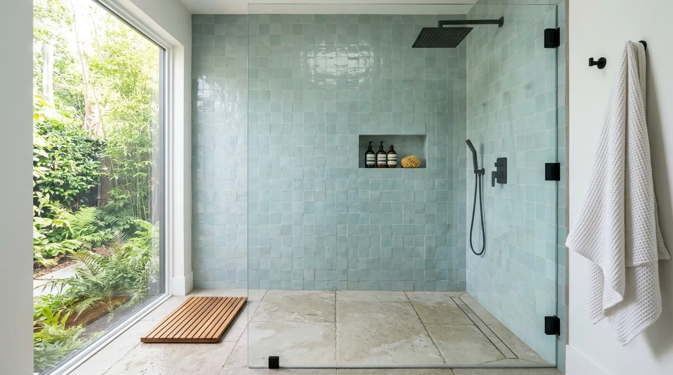 Kitchen range wall finished with glossy muted blue zellige tiles