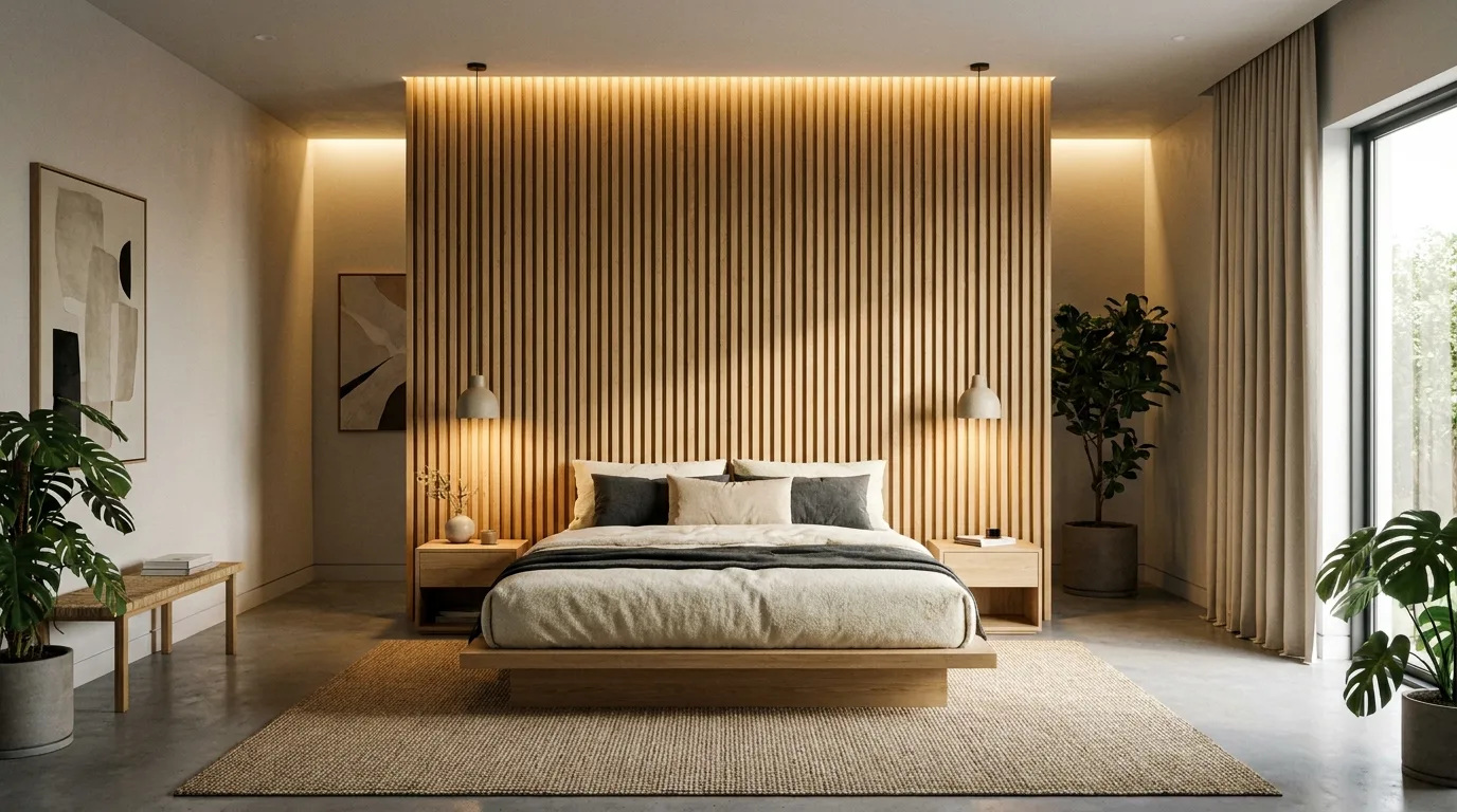 Modern bedroom with a deep green accent wall behind the bed