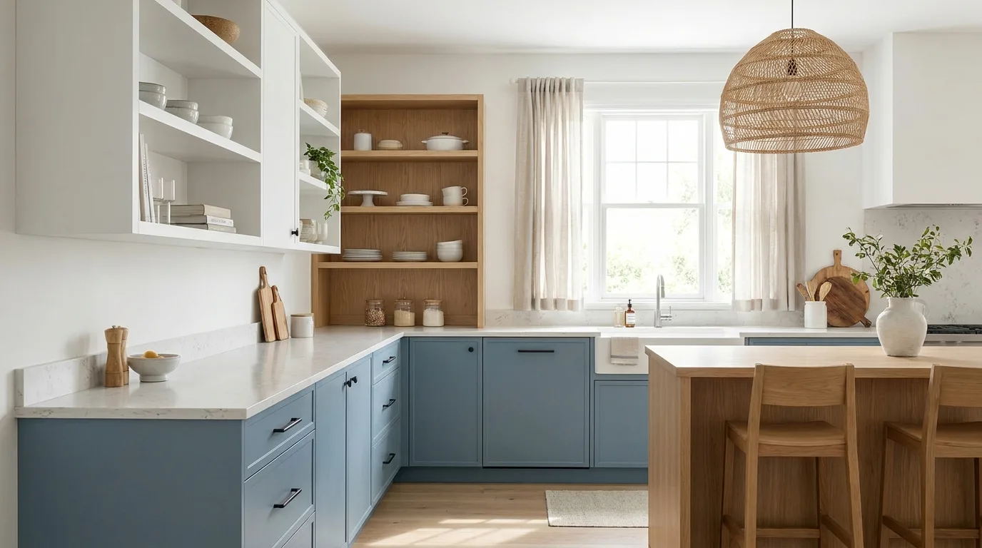 Forest green island with natural wood kitchen cabinets
