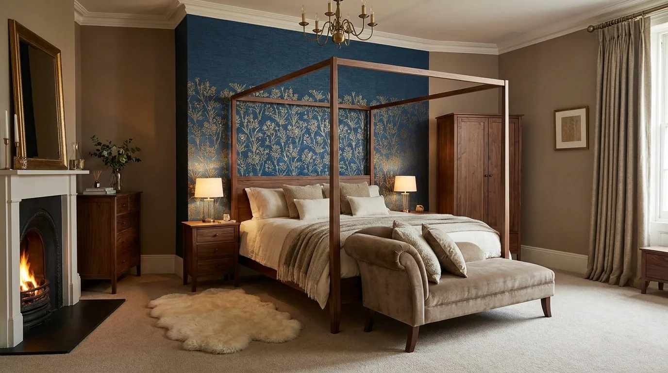 Deep blue and warm taupe bedroom wall combination
