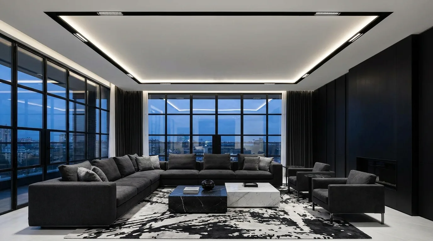 Geometric POP ceiling using muted earth tones in a modern home