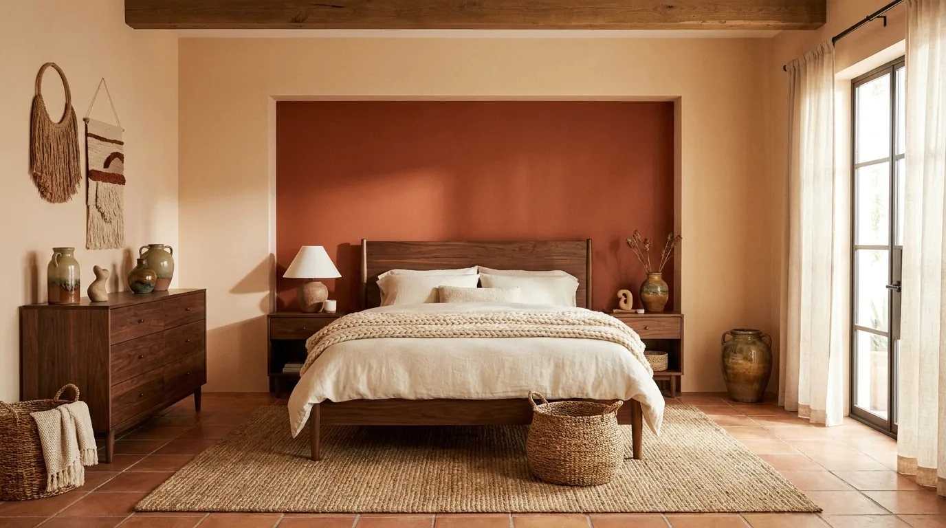 Burnt orange and chocolate brown bedroom with warm lighting