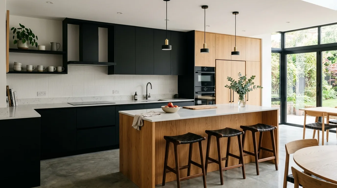 Olive green and natural beige kitchen laminate combination
