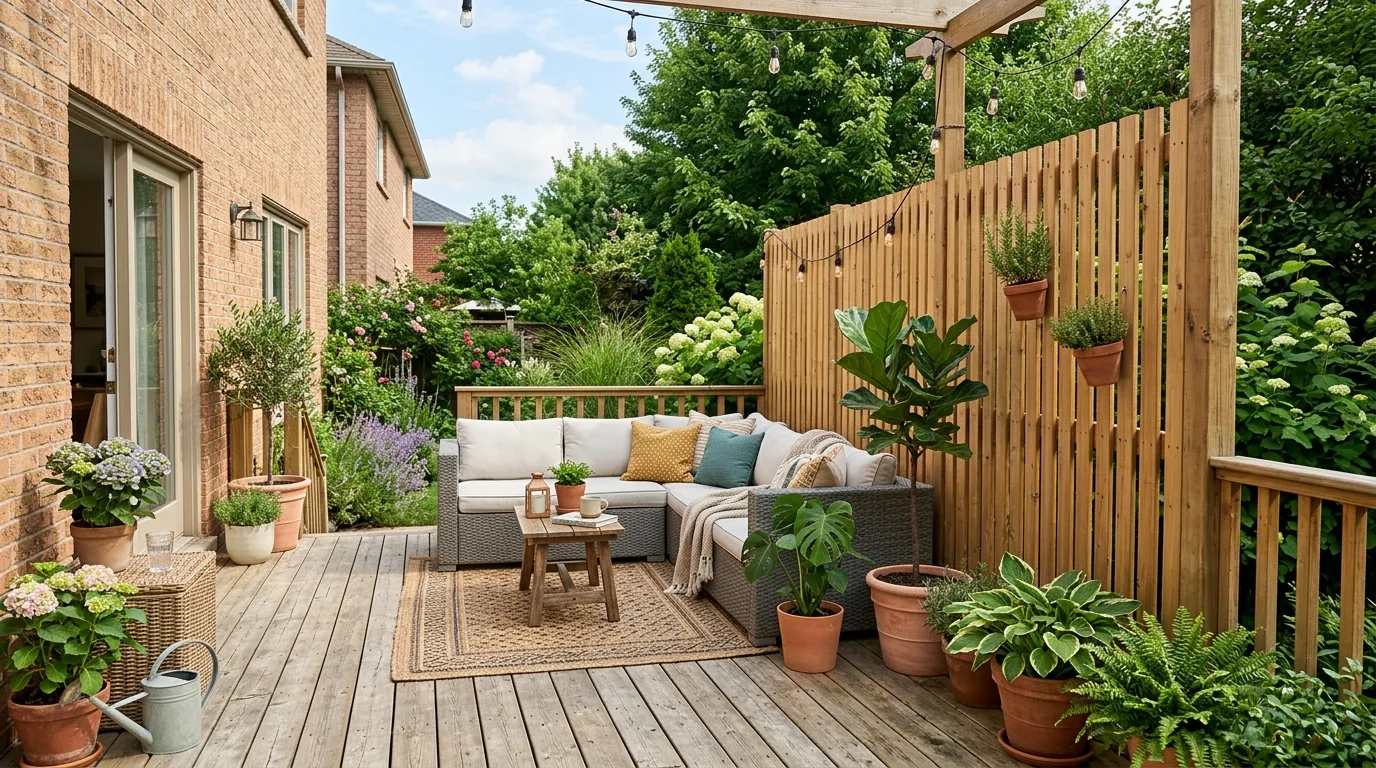 Simple wooden pergola over a comfortable backyard deck