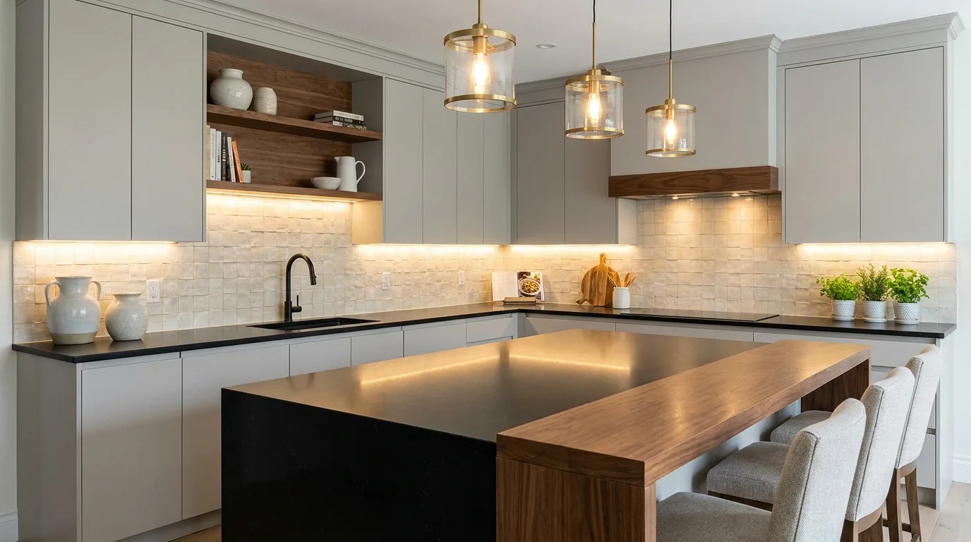 Black quartz island as the focal point of a modern kitchen
