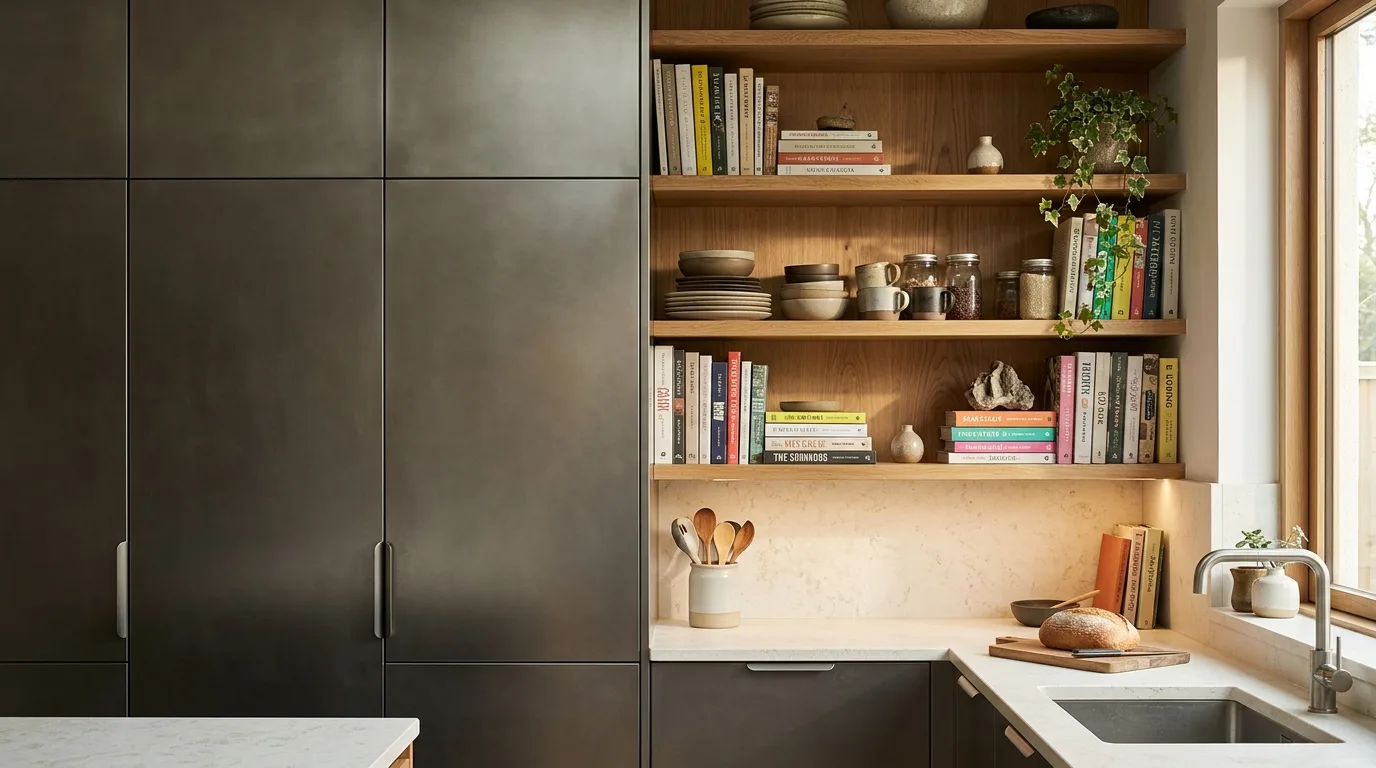Industrial kitchen with charcoal aluminium cabinets and concrete finishes