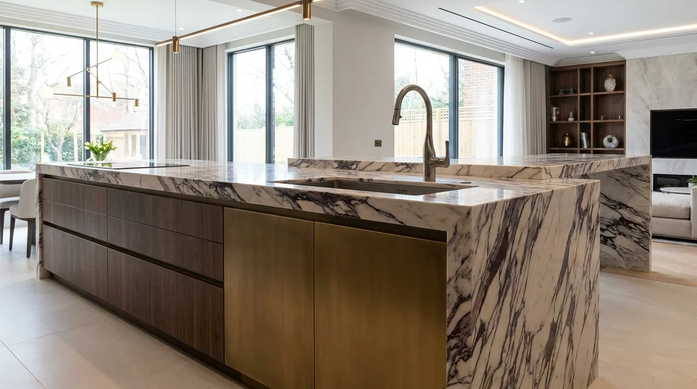 Warm neutral kitchen with a beige and cream slab