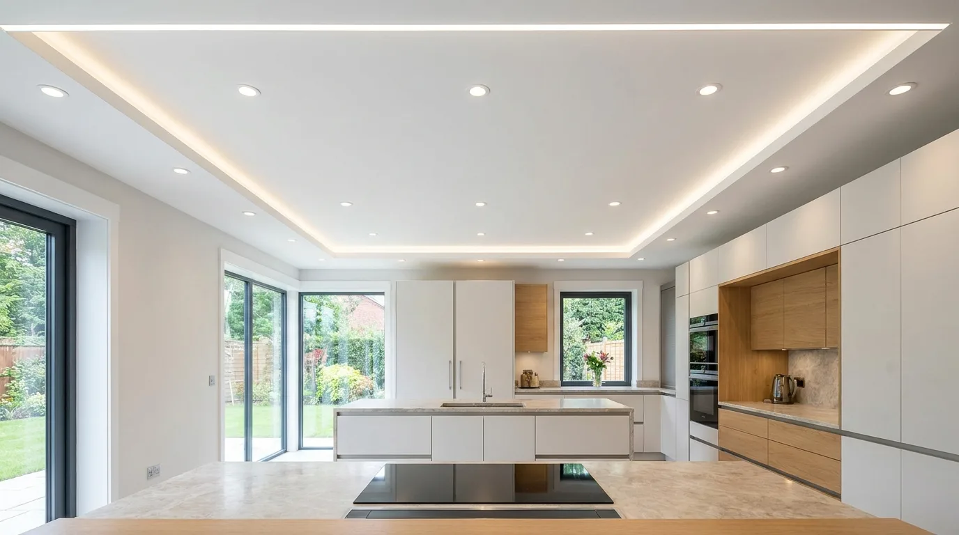 Minimalist kitchen with a floating illuminated false ceiling