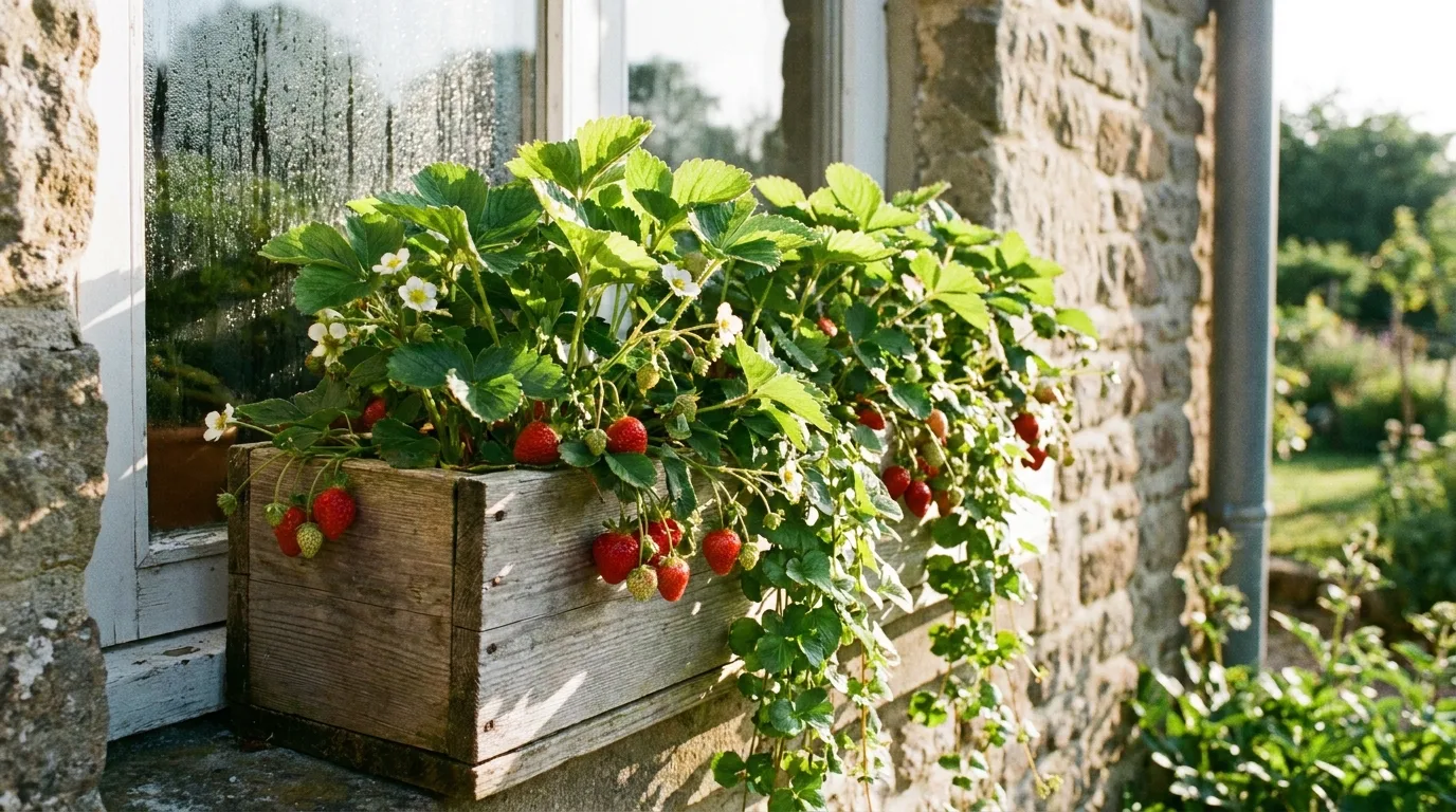 Farmhouse window box featuring lush greenery and trailing vines